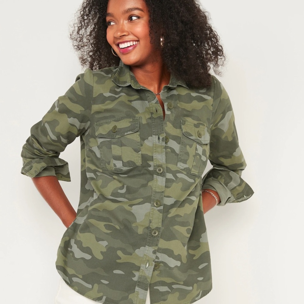 Relaxed Twill Utility-Pocket Tunic Shirt for Women